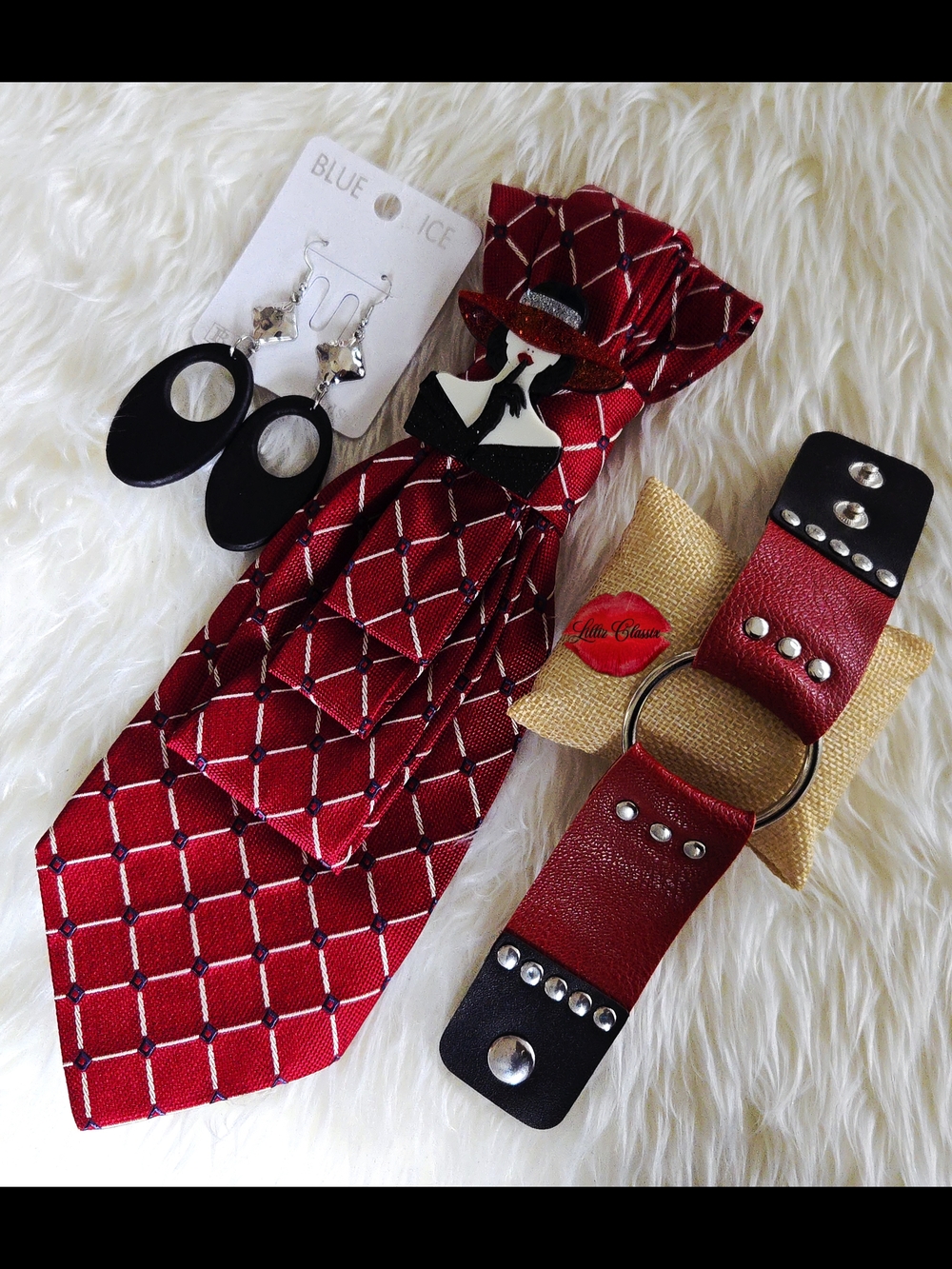 Red Patterned Necktie Necklace with Black Leather Snap Bracelet Accent